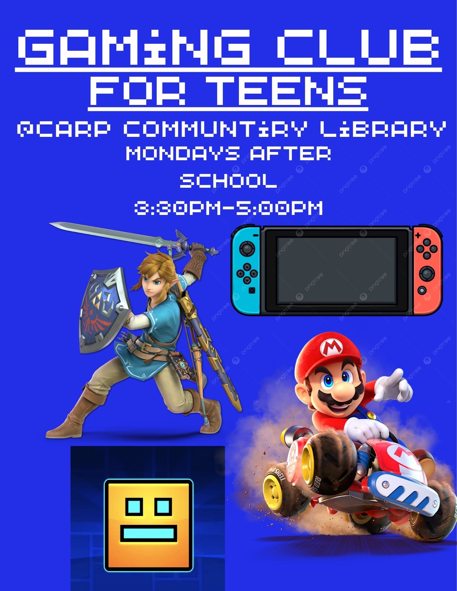 Teen Gaming Club. Mondays at Carpinteria Community Library. After School from 3:30pm to 5:00pm. Call the library for details at 805-684-4314.