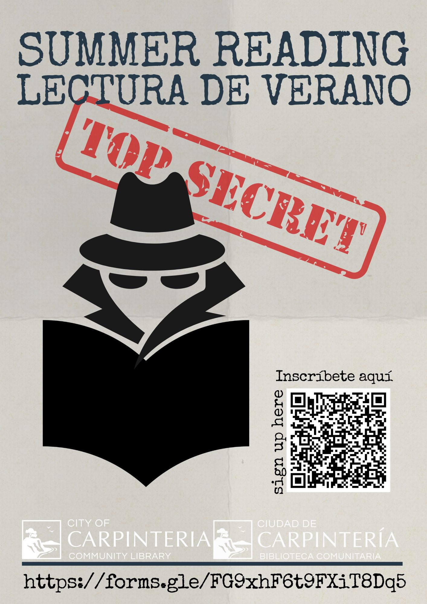 SUMMER READINGLECTURA DE VERANO A red stamp with the words TOP SECRET imprinted on it. A black and white icon of a figure wearing a fedora hat and sunglasses, with a trench coat collar obscuring the face, suggesting a spy or detective reading a book.