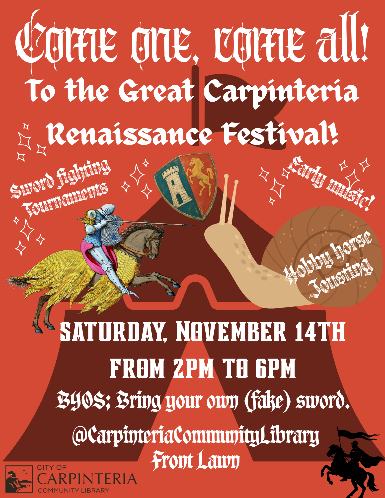 Renaissance Fair @Carpinteria Community Library! This event will take place from 2:00pm to 6:00pm, and the Costume Contest will begin at 5:00pm.  This event will lead into our free screening of The Princess Bride in the community room at 6:00pm if it pleases you, most noble gentry. 